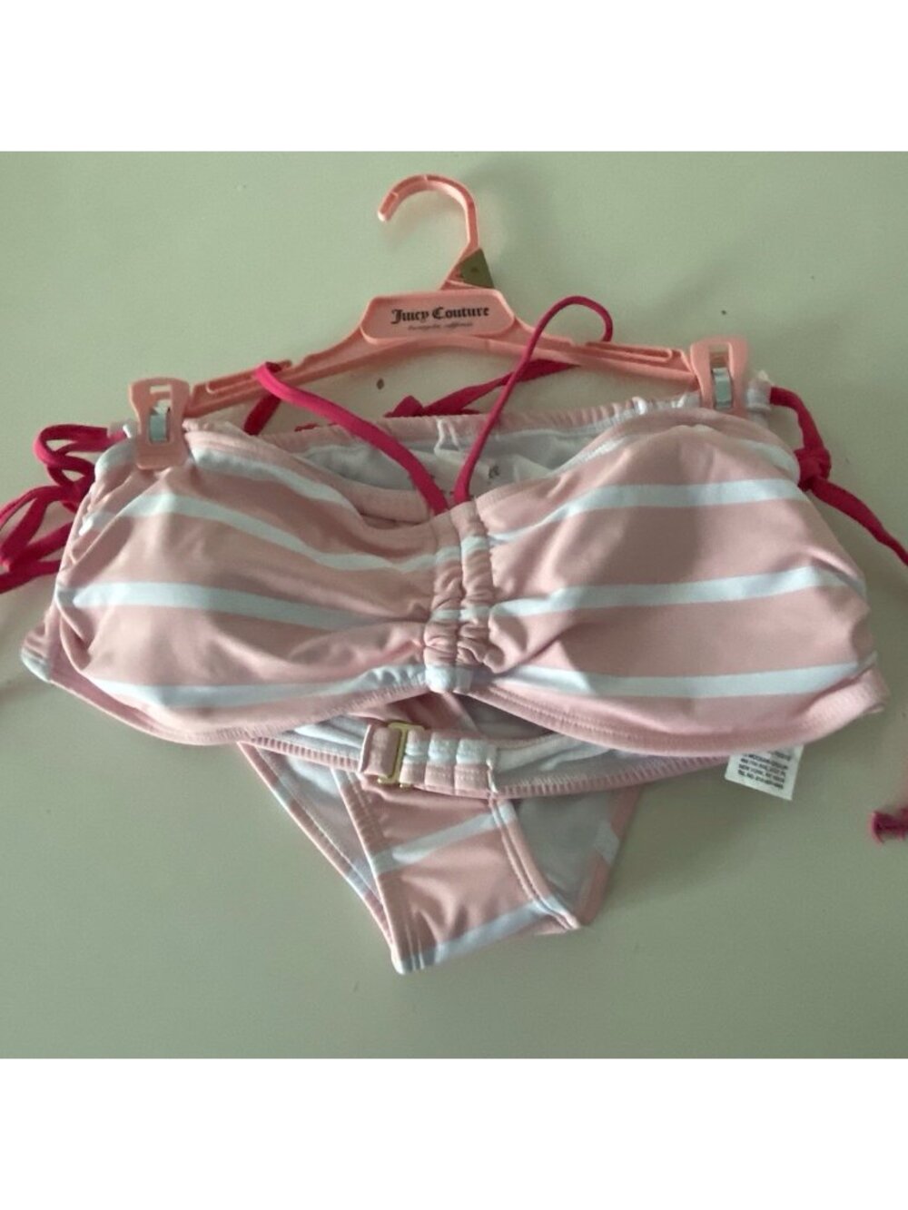 Juicy Couture Ruched Front Bikini Set W/Logo Charms Pink Striped Size XL NEW